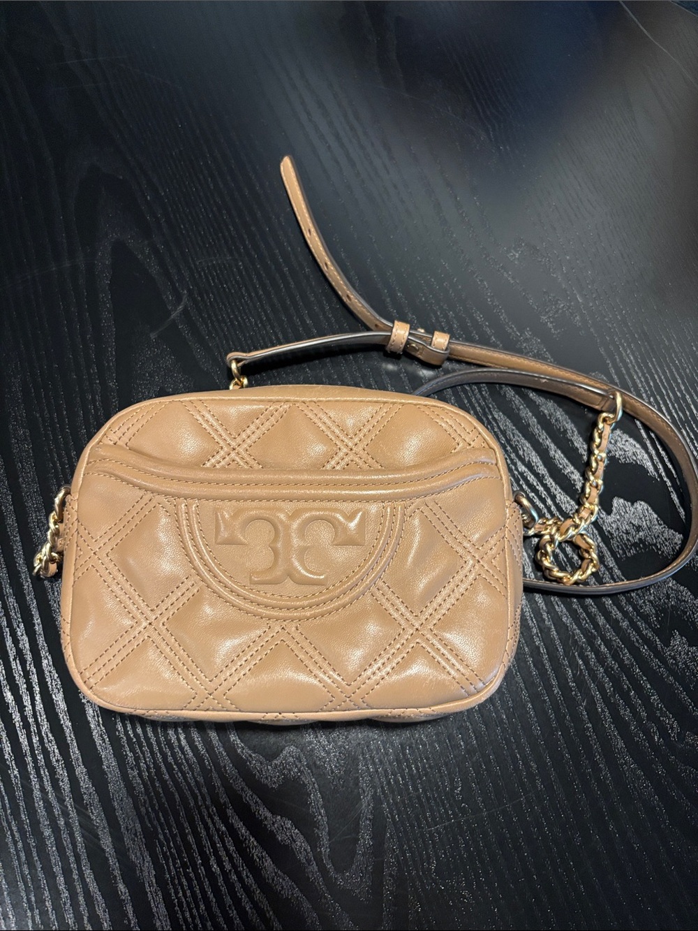 Tory Burch Tan Quilted Leather Crossbody Bag with Chain Strap